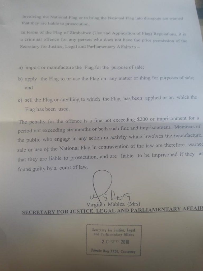 Government warning on the use of the flag by Thelma Chikwanha
